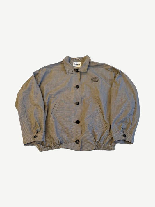 Miu Miu olive green micro check blouson jacket with button placket, collar and embroidered chest logo.