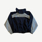 Miu Miu technical silk zip blouson back in navy and grey with raglan shoulder panels and elastic hem