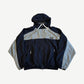 Miu Miu technical silk zip blouson front in navy and grey with white piping and small woven chest label