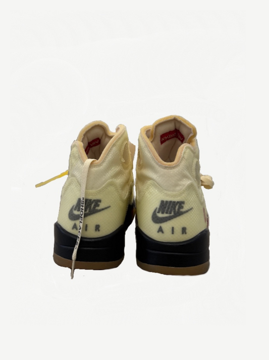 Off-White Jordan 5 Sail rear view showing Nike Air heel branding, black midsole stripe and gum sole