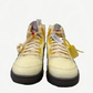 Off-White Jordan 5 Sail front view pair with exposed laces, yellow hangtag and Off-White zip-tie accent