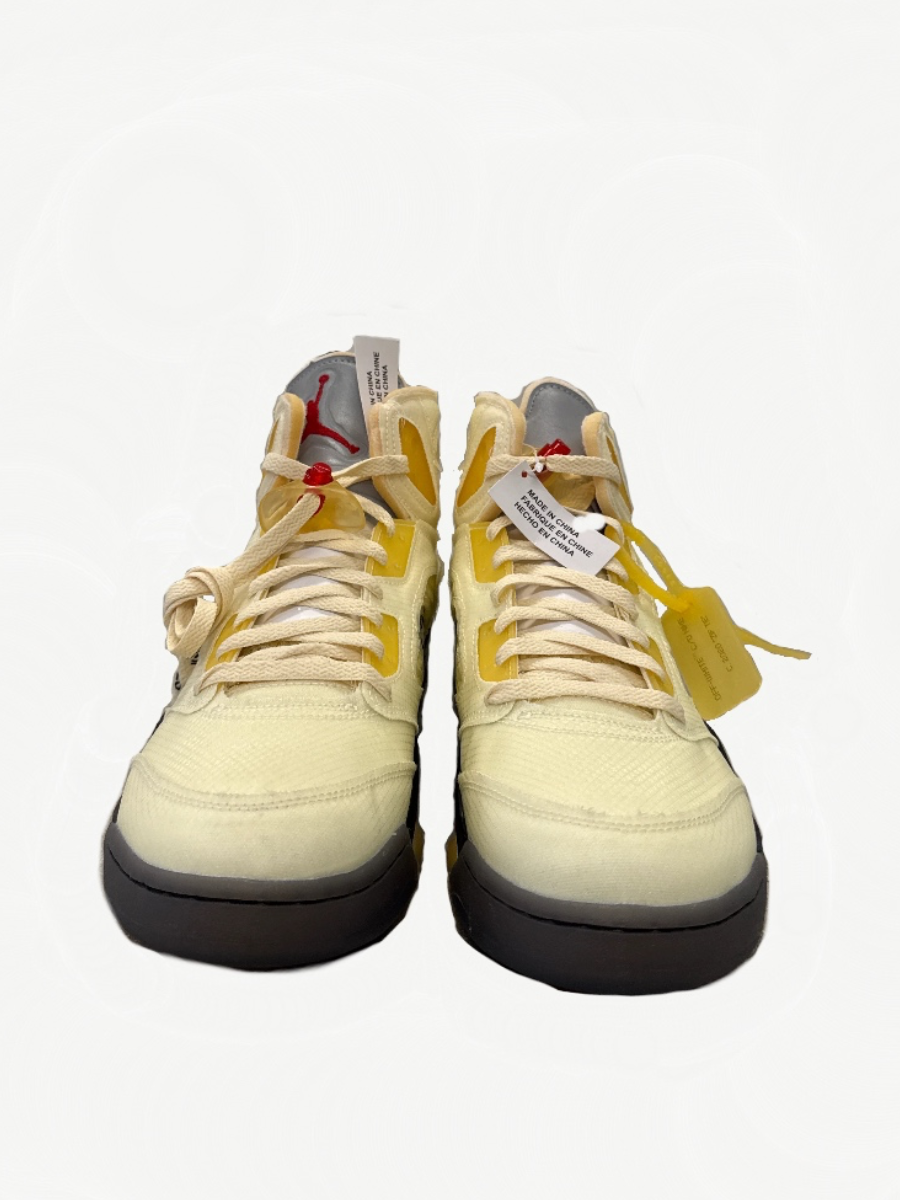 Off-White Jordan 5 Sail front view pair with exposed laces, yellow hangtag and Off-White zip-tie accent