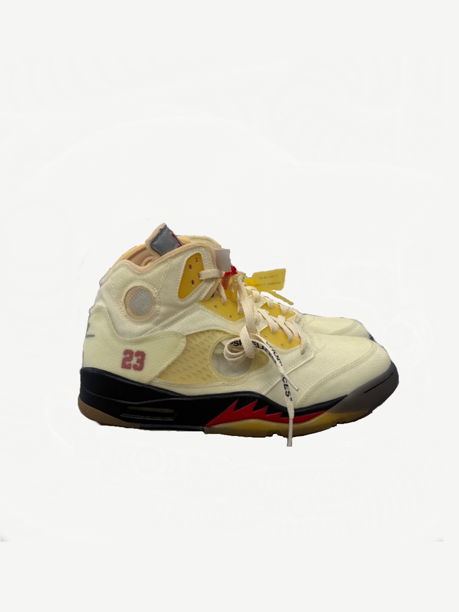 Off-White Air Jordan 5 Retro Sail sneaker side profile with deconstructed translucent paneling and red 23 detail
