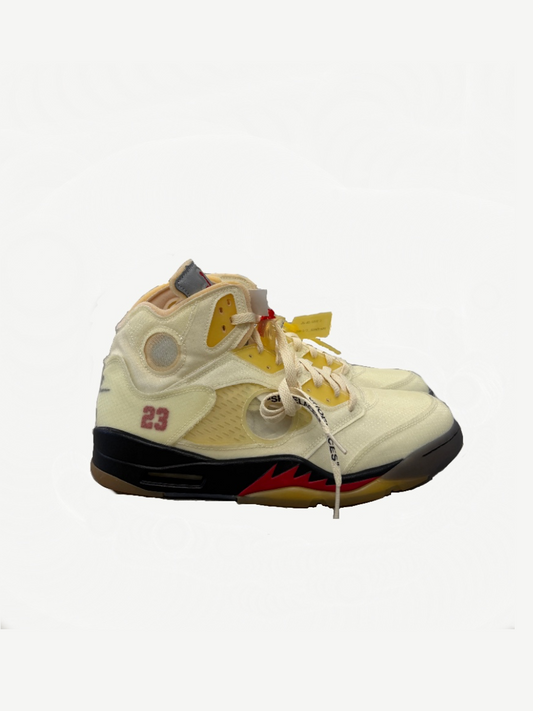 Off-White Air Jordan 5 Retro Sail sneaker side profile with deconstructed translucent paneling and red 23 detail