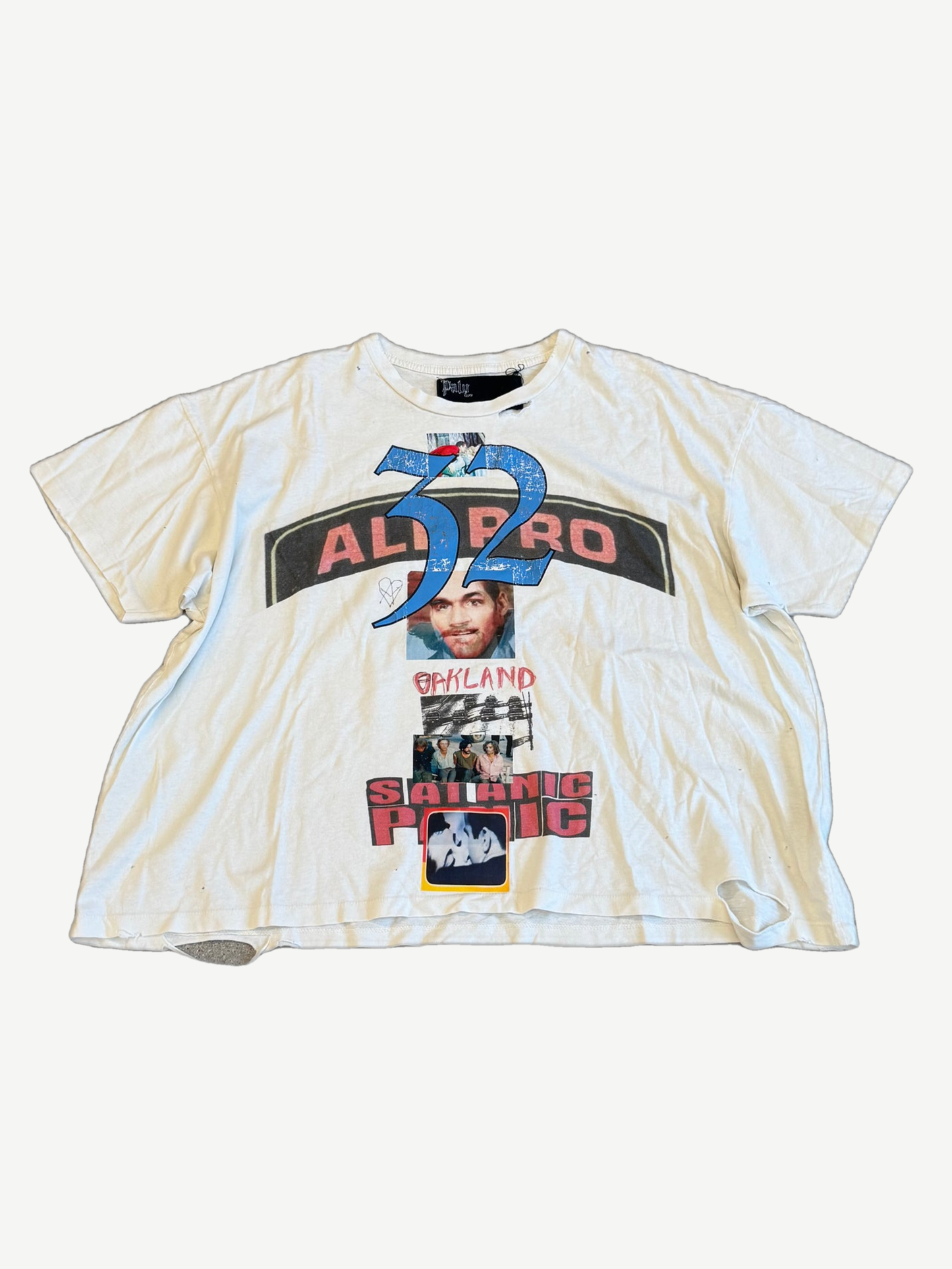 Paly Hollywood cream cropped tee with All Pro 32 Oakland Satanic Panic Tupac collage front print