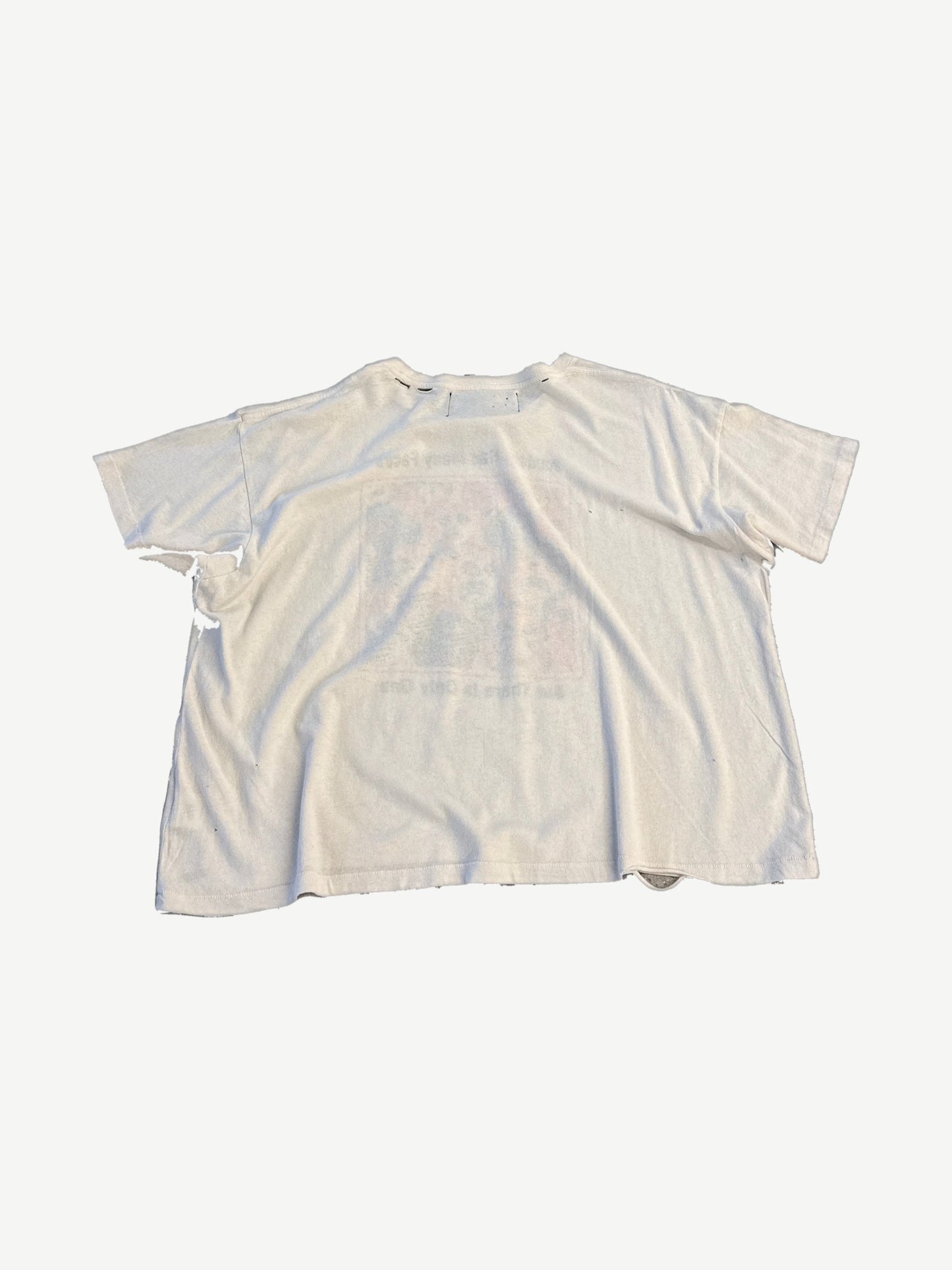 Paly Hollywood Anxiety tee back view in distressed white cotton with thrashed edges and visible holes