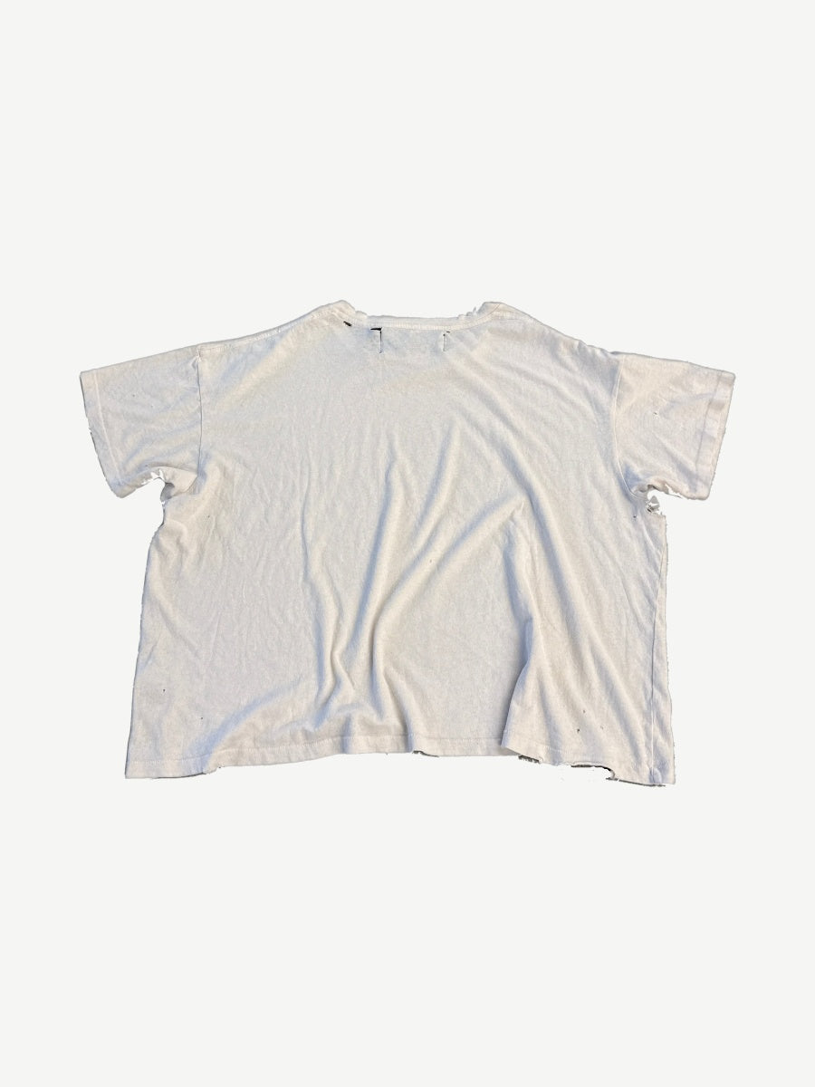 Paly Hollywood Arigo tee back view in distressed white with frayed edges and oversized boxy cotton silhouette