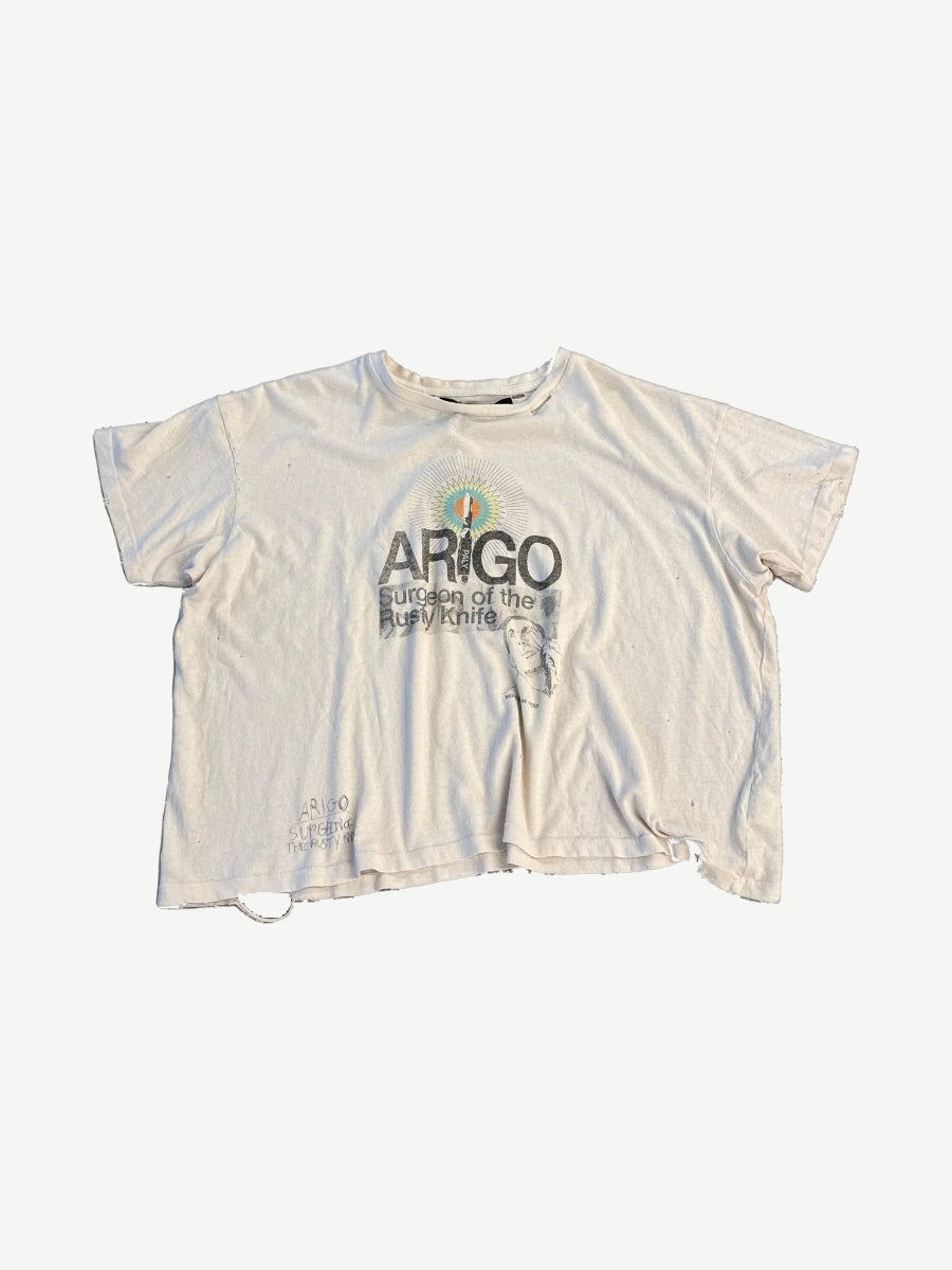 Paly Hollywood Arigo tee front view in distressed white cotton with vintage graphic print and worn hem