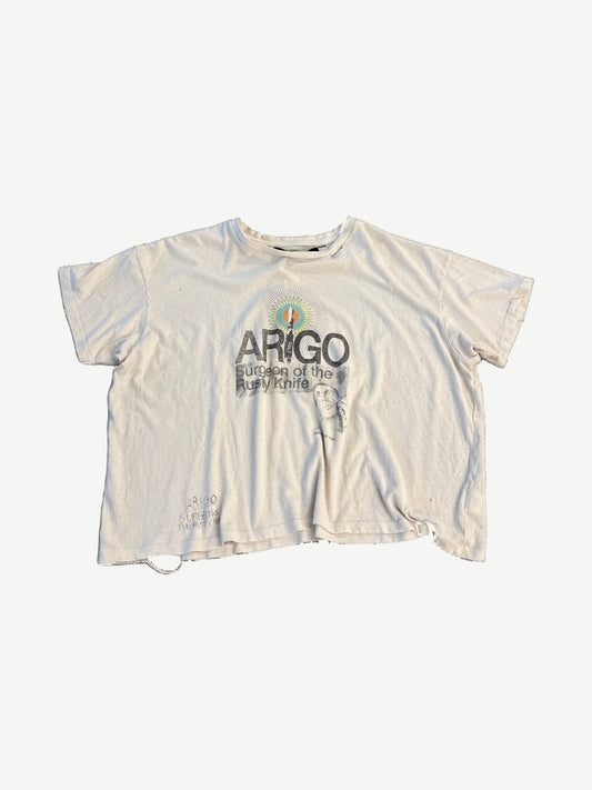 Paly Hollywood Arigo tee front view in distressed white cotton with vintage graphic print and worn hem