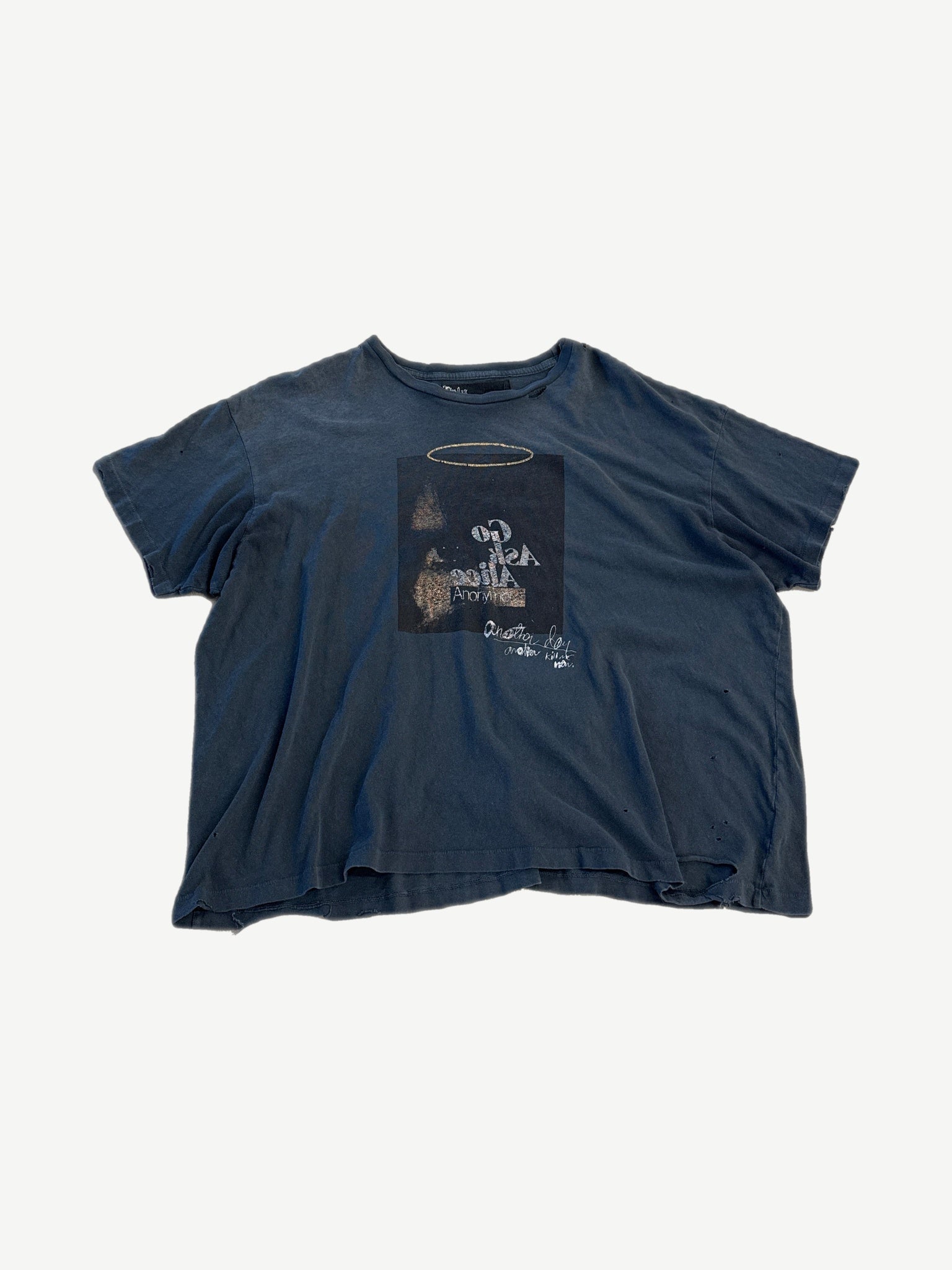 Paly Hollywood faded navy distressed tee with Go Ask Alice Anonymous front text and worn collar.