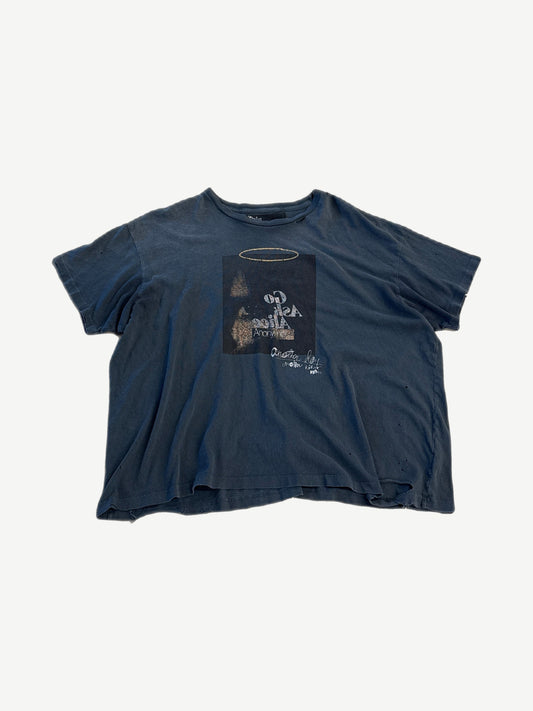 Paly Hollywood faded navy distressed tee with Go Ask Alice Anonymous front text and worn collar.
