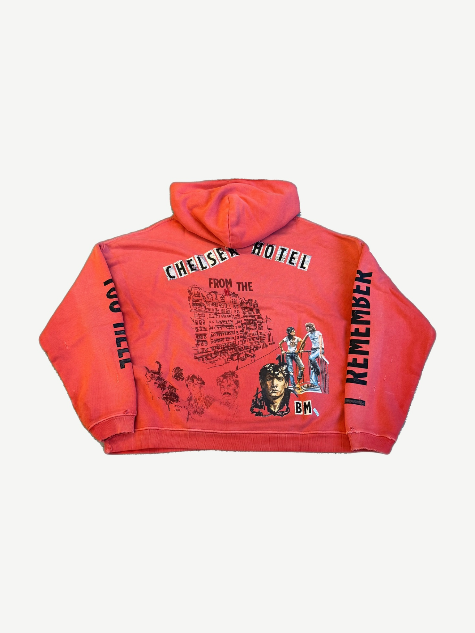 Paly Hollywood Chelsea Hotel hoodie back view in faded coral with I REMEMBER text and scribbled tattoo-style prints.