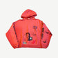 Paly Hollywood Chelsea Hotel hoodie in sun-faded red with Bella McGoldrick portrait collage and graffiti sleeve prints.