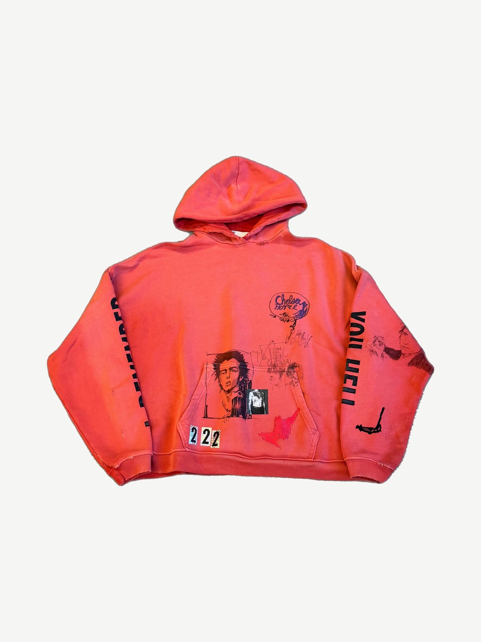 Paly Hollywood Chelsea Hotel hoodie in sun-faded red with Bella McGoldrick portrait collage and graffiti sleeve prints.