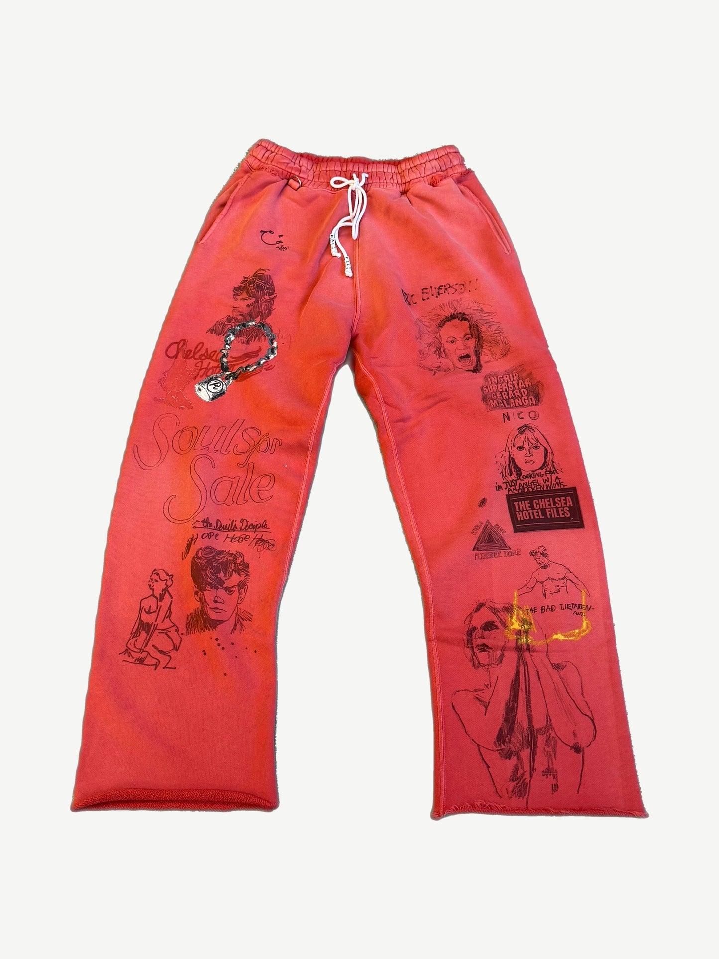 Paly Hollywood Bella McGoldrick Chelsea Hotel sweatpants in red with hand-drawn portraits and Souls for Sale graphic.