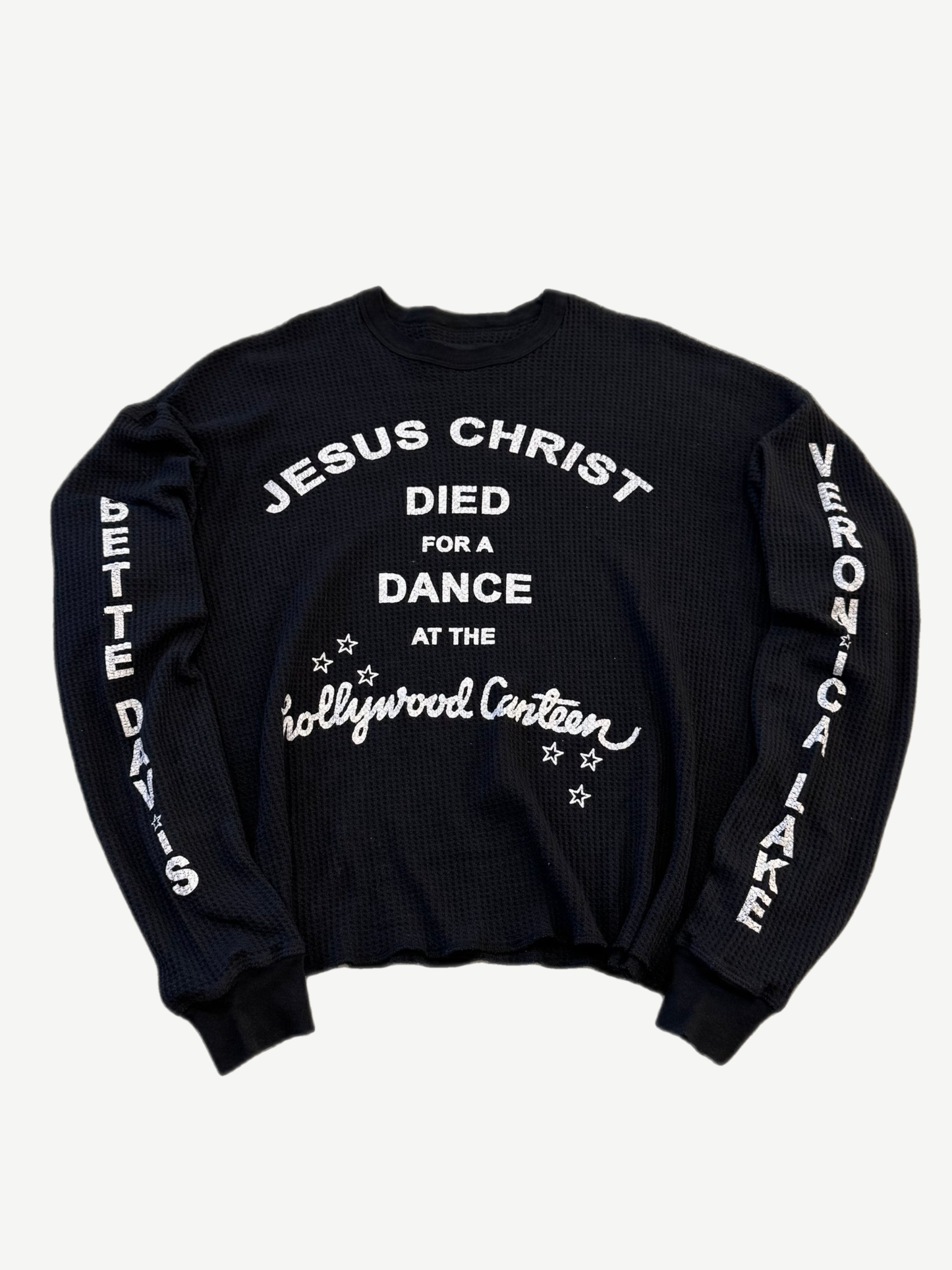 Paly Hollywood Canteen thermal long sleeve in black waffle knit with hand-drawn front graphics.