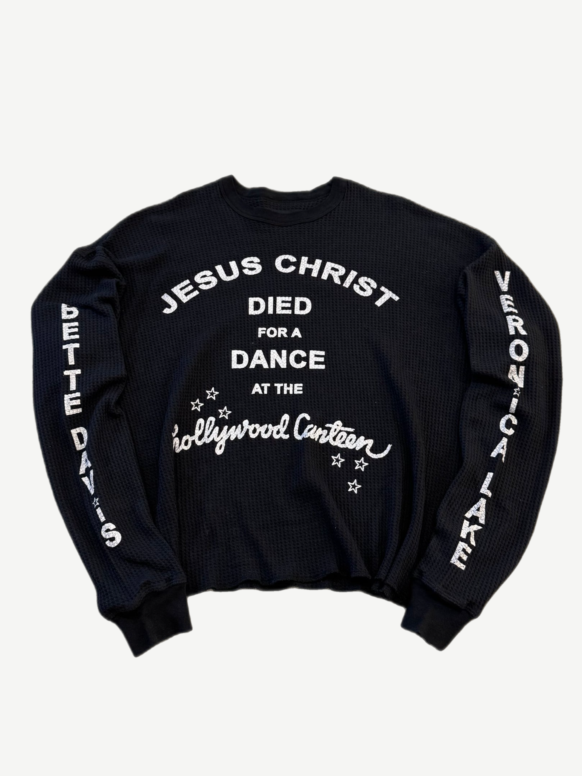 Paly Hollywood Canteen thermal long sleeve in black waffle knit with hand-drawn front graphics.