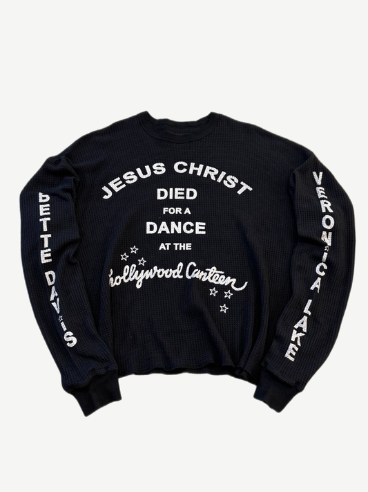 Paly Hollywood Canteen thermal long sleeve in black waffle knit with hand-drawn front graphics.
