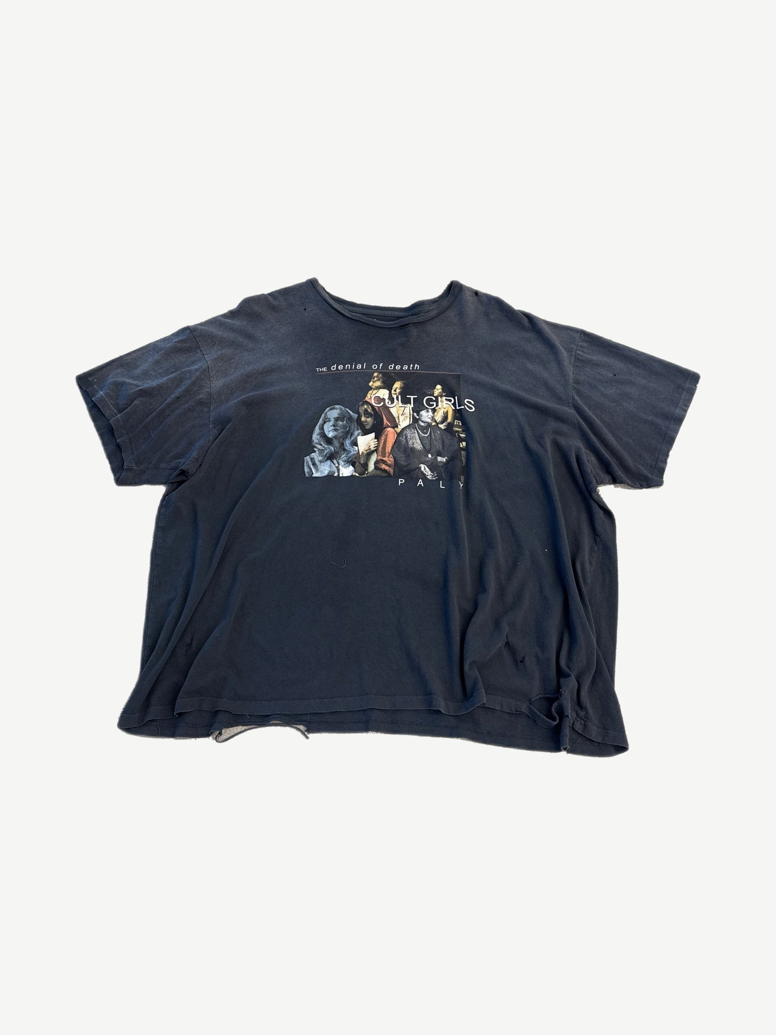 Paly Hollywood black Cult Girls tee front view, photo print graphic with bold red title text