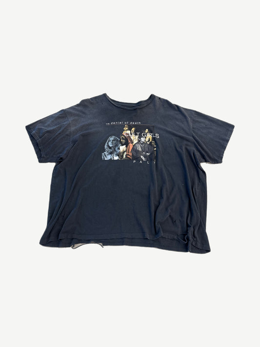Paly Hollywood black Cult Girls tee front view, photo print graphic with bold red title text