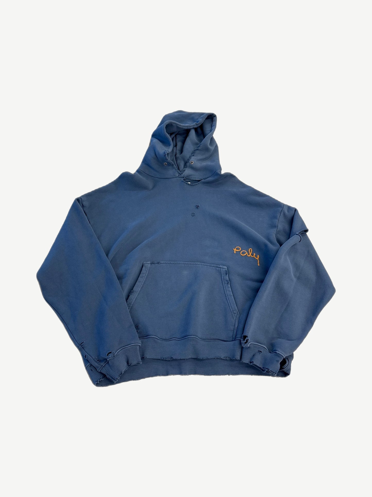 Paly Hollywood blue hoodie with orange cursive Paly chest embroidery and heavily distressed hem and cuffs
