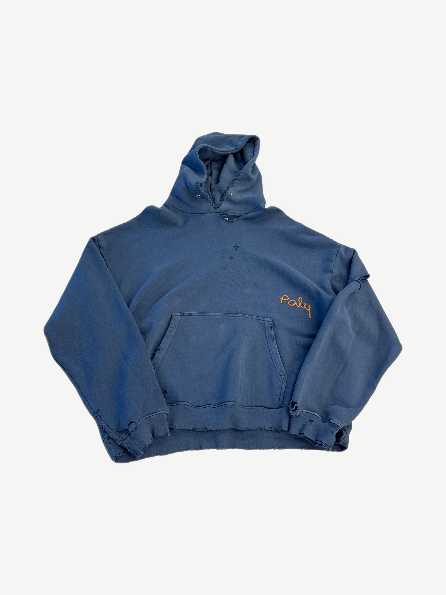 Paly Hollywood blue hoodie with orange cursive Paly chest embroidery and heavily distressed hem and cuffs