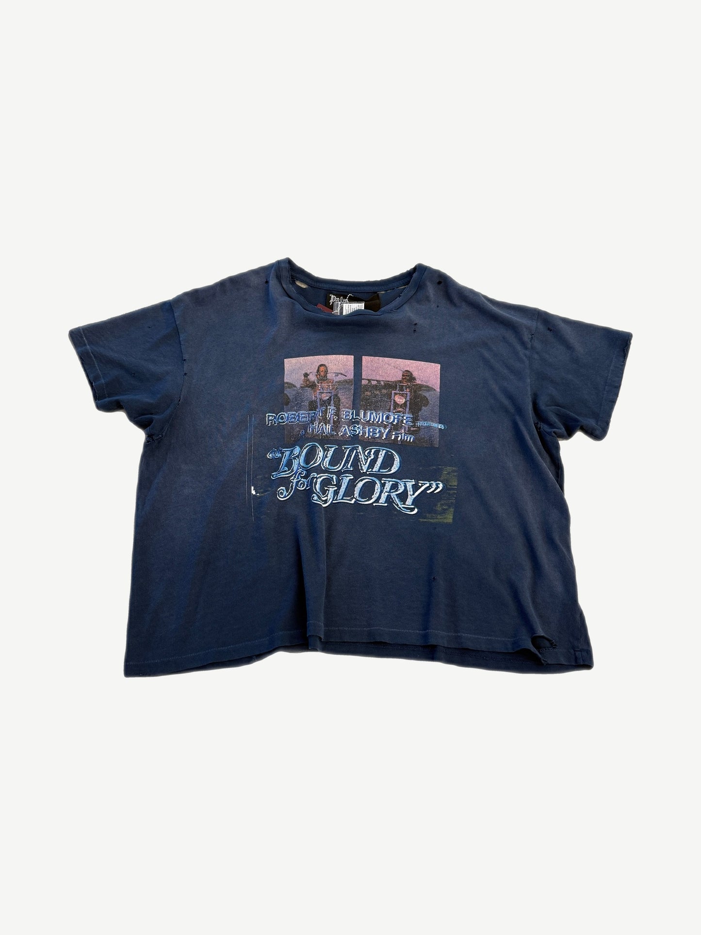 Paly Hollywood faded navy Bound for Glory tee front with Hal Ashby film print and distressed pinholes