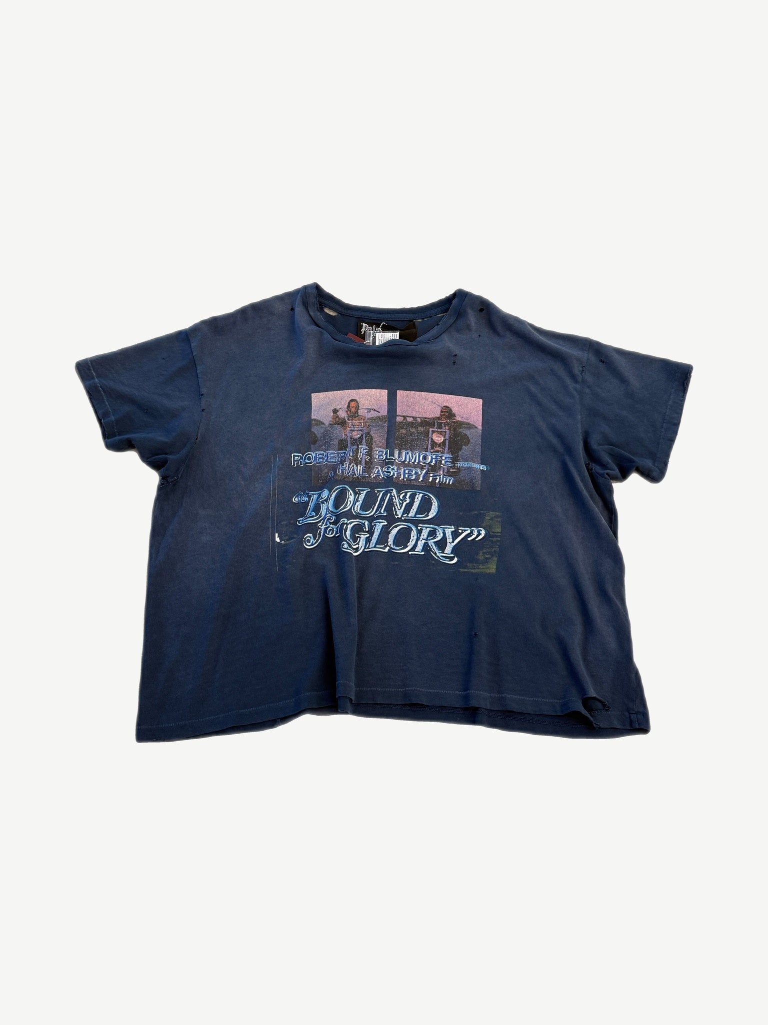 Paly Hollywood faded navy Bound for Glory tee front with Hal Ashby film print and distressed pinholes