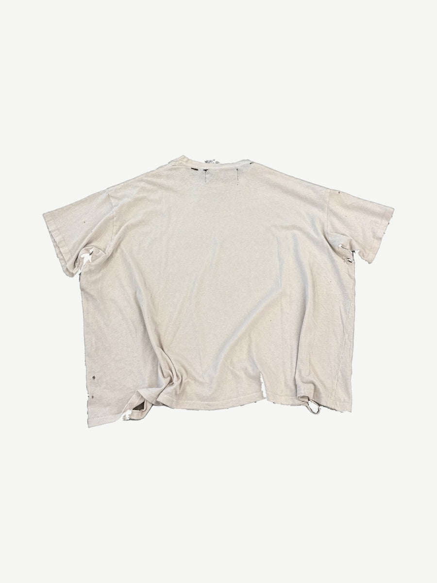 Paly Hollywood cream cropped tee back view showing heavy distressing, holes and raw torn hemline