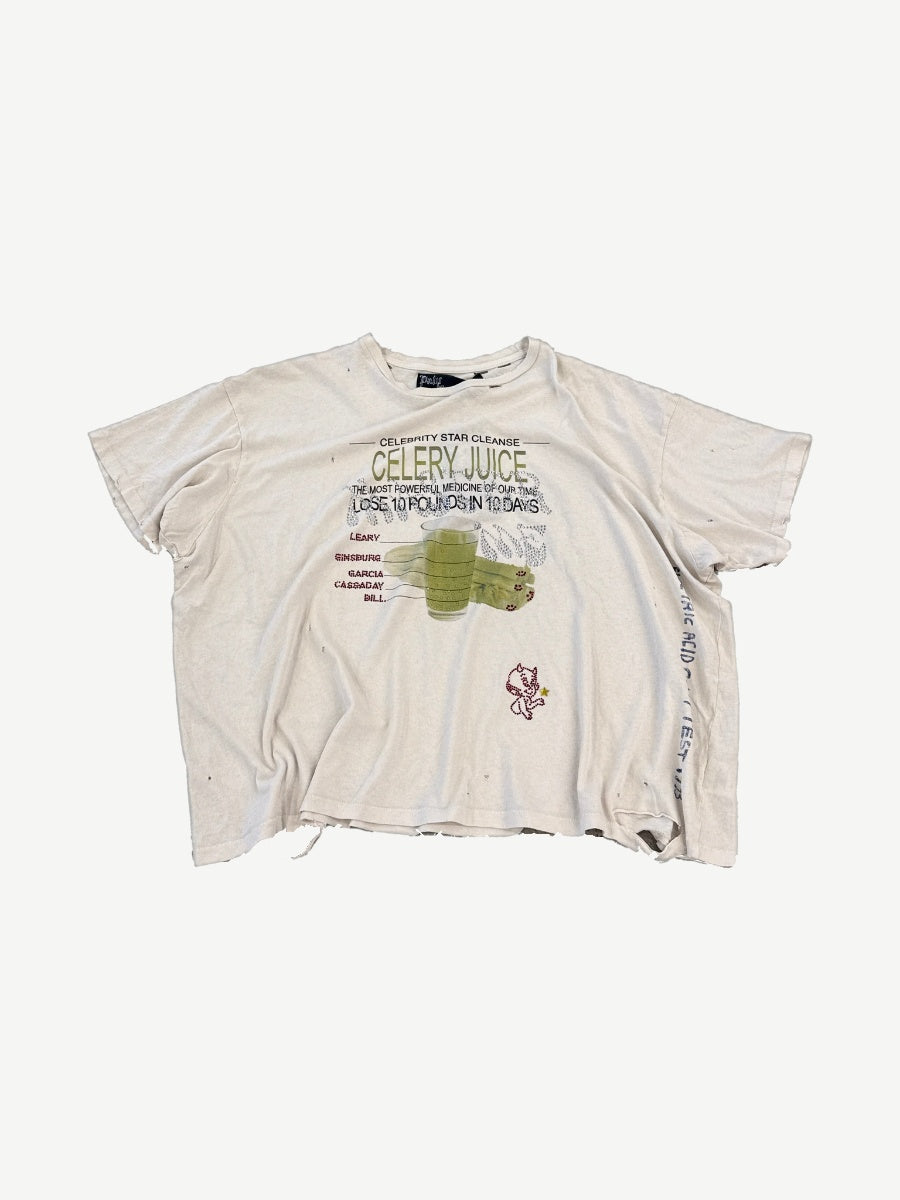 Paly Hollywood distressed cream tee with Celebrity Star Celery Juice Cleanse print and raw cropped hem