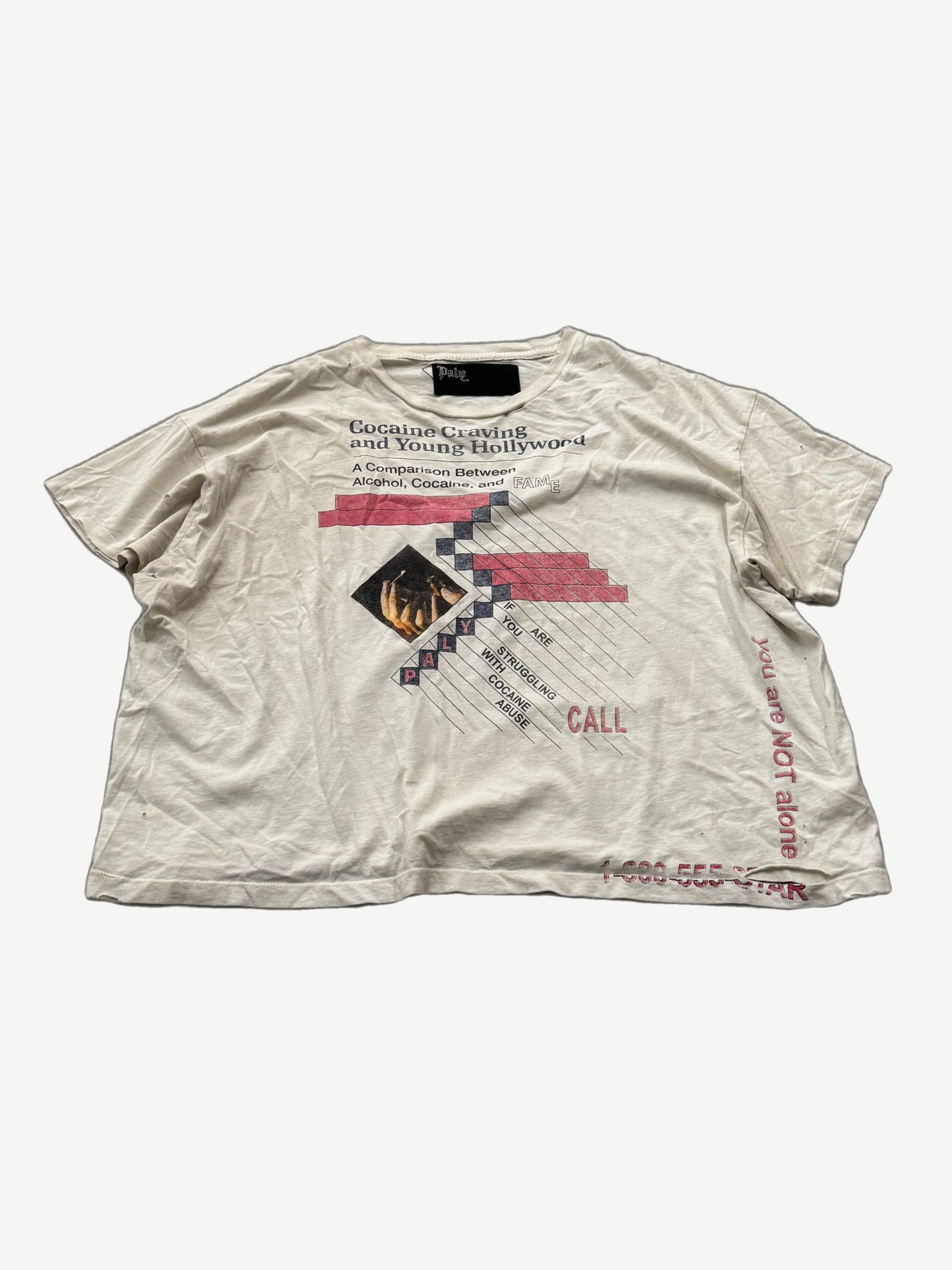 Paly Hollywood cream tee with Cocaine Cravings and Young Hollywood vintage flyer style graphic print