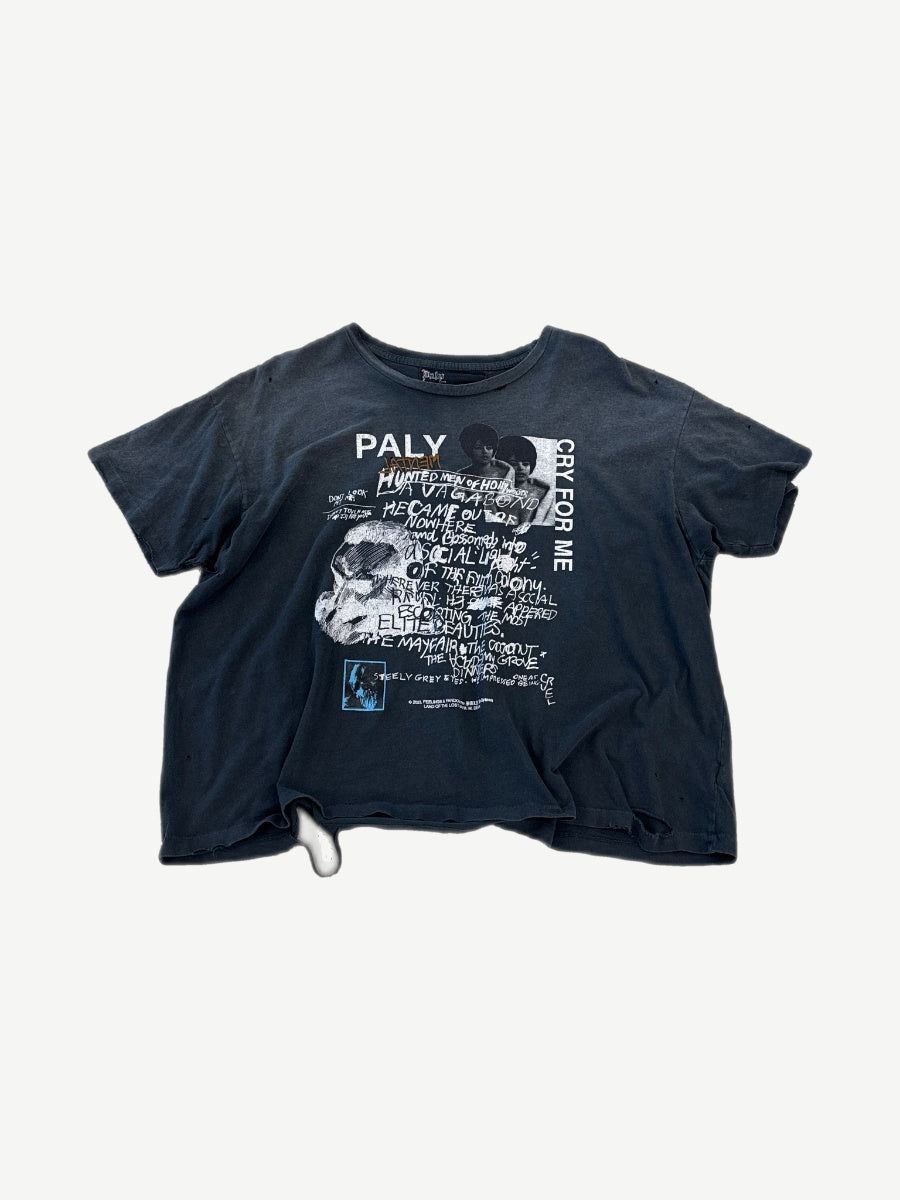 Paly Hollywood Cry For Me tee in washed black with collaged skull, portrait and handwritten zine-style graphic print.