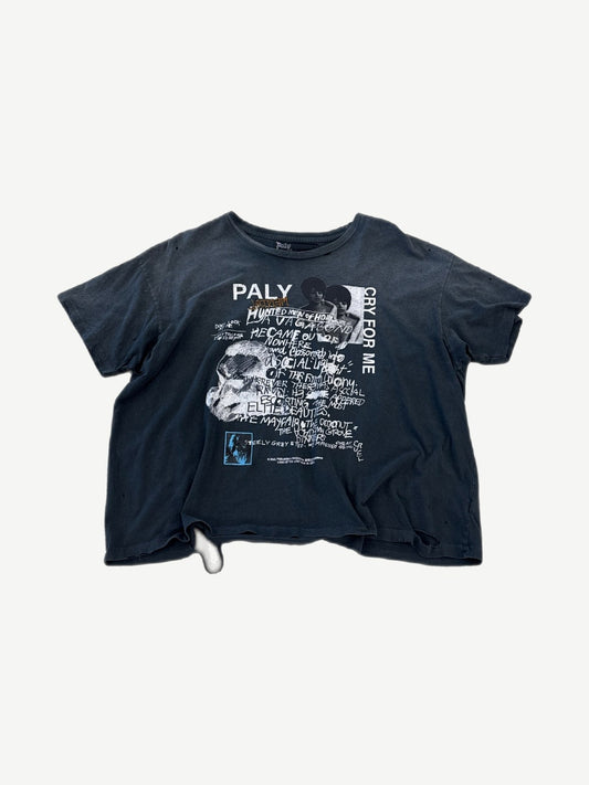 Paly Hollywood Cry For Me tee in washed black with collaged skull, portrait and handwritten zine-style graphic print.