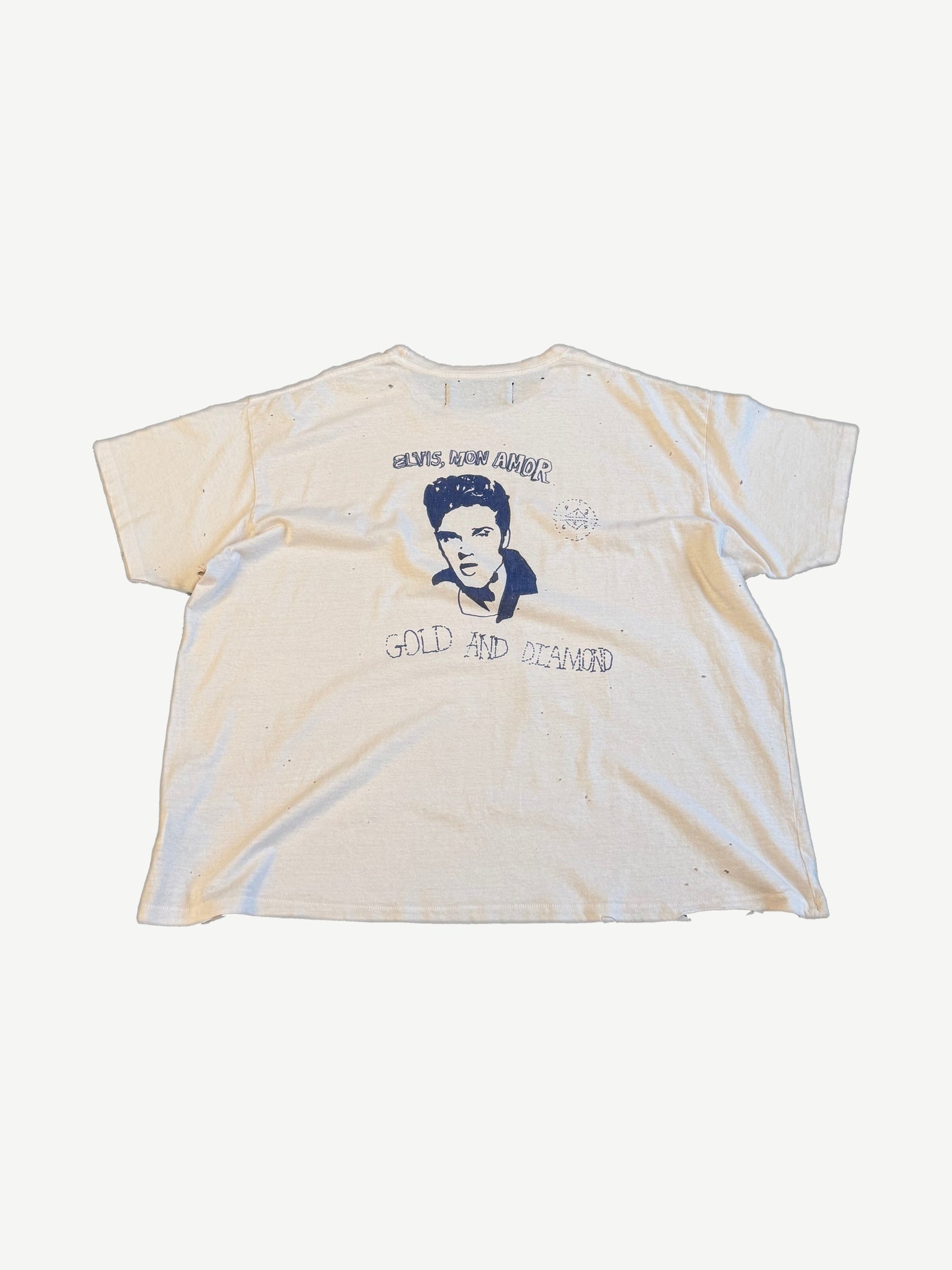 Paly Hollywood Elvis Mon Amor tee back with blue Elvis portrait print and Gold and Diamond text graphic