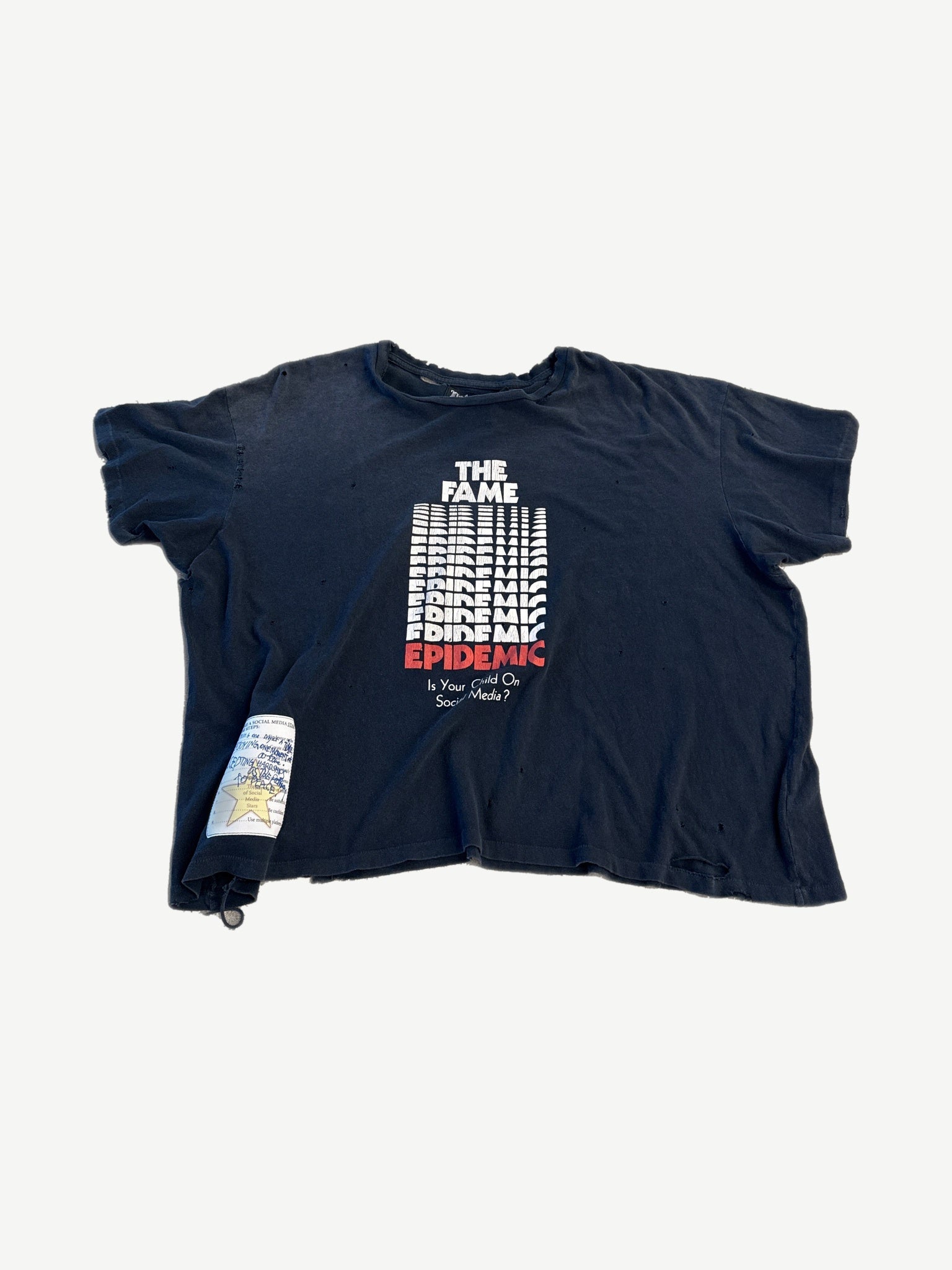 Paly Hollywood navy boxy tee with The Fame Epidemic stacked print graphic and side sleeve patch.