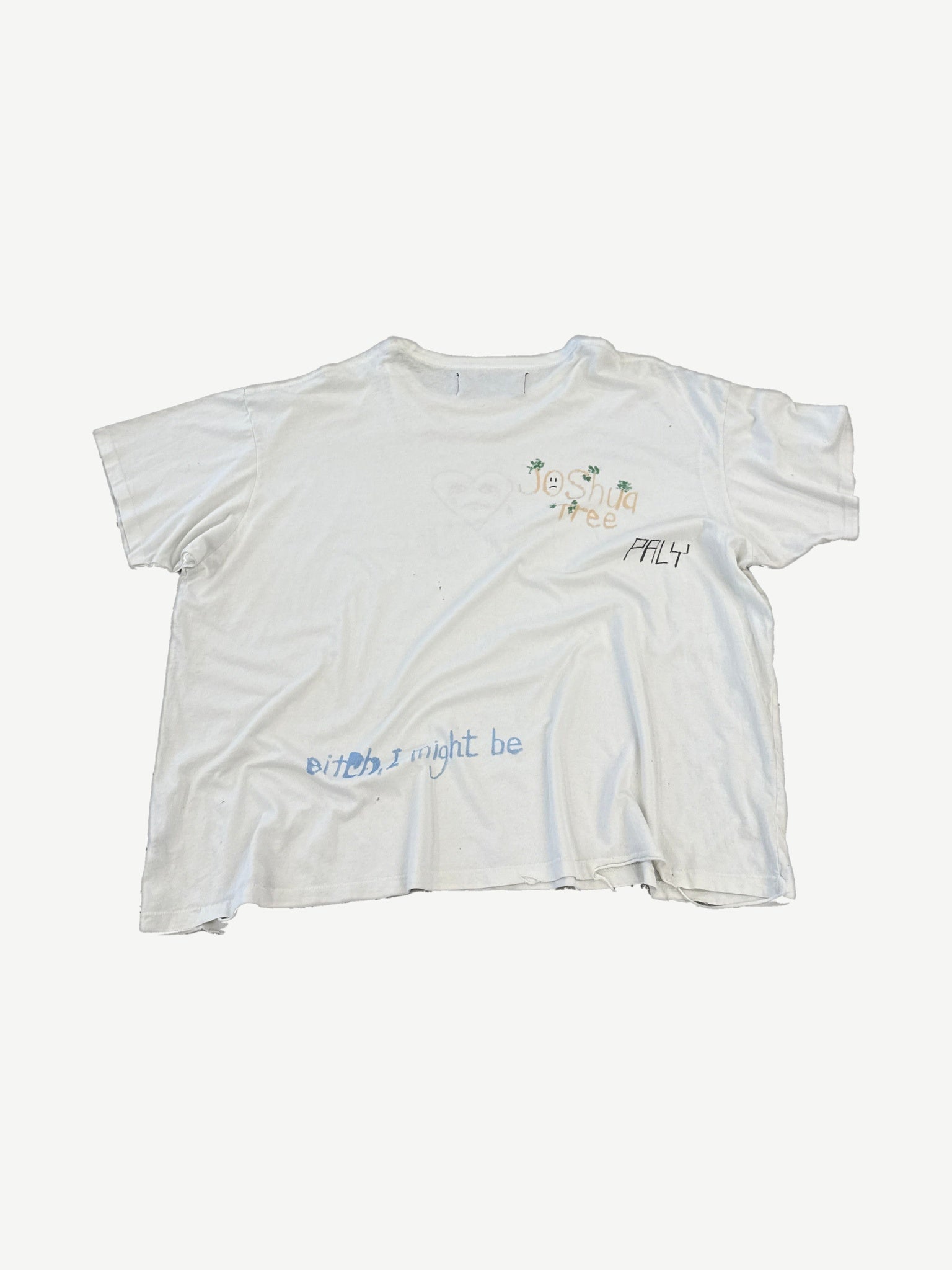 Paly Hollywood white cotton tee back view with raw faded edges and scattered sketch marks on jersey
