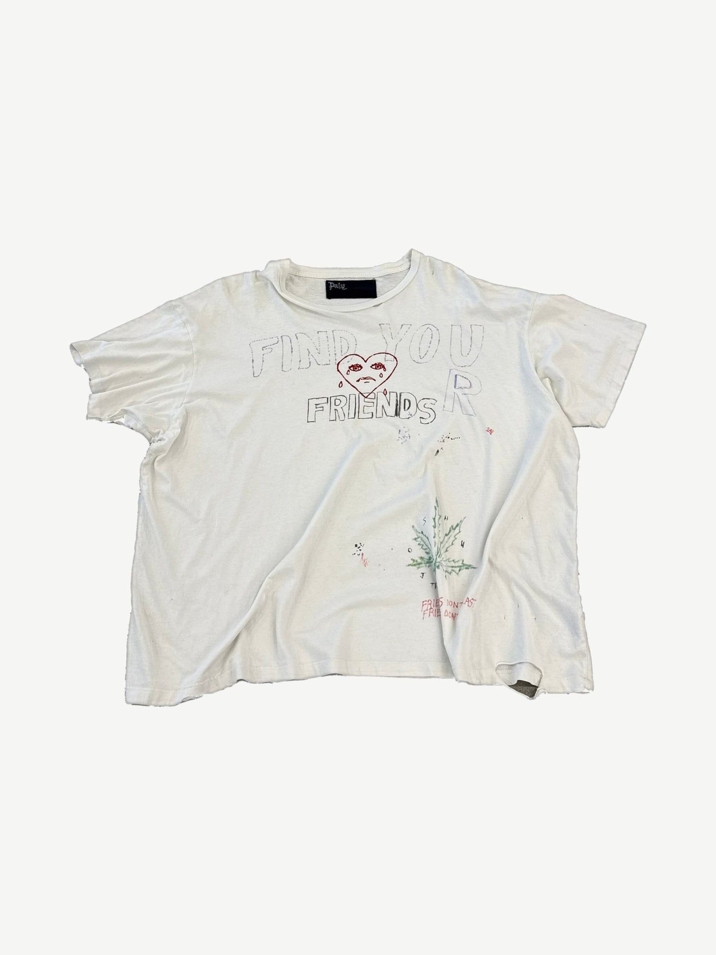Paly Hollywood off white distressed tee with hand drawn Find Your Friends scribble graphic and crying heart