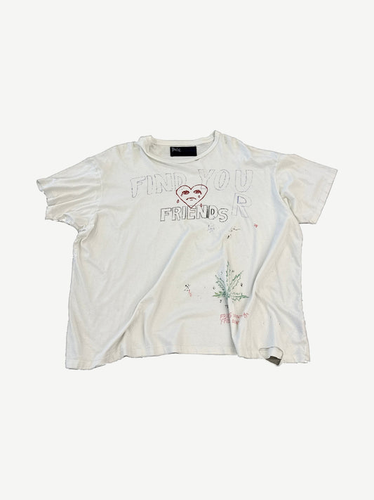Paly Hollywood off white distressed tee with hand drawn Find Your Friends scribble graphic and crying heart