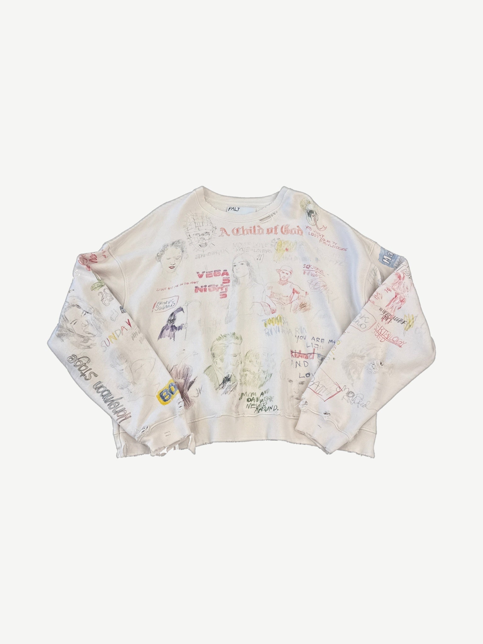Paly Hollywood Good Times Are Over 2.0 cream crewneck front with hand-drawn portrait and text scribbles