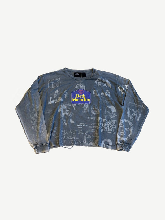 Paly Hollywood gray cropped longsleeve with Bethlehem Inn patch and religious iconography all-over print