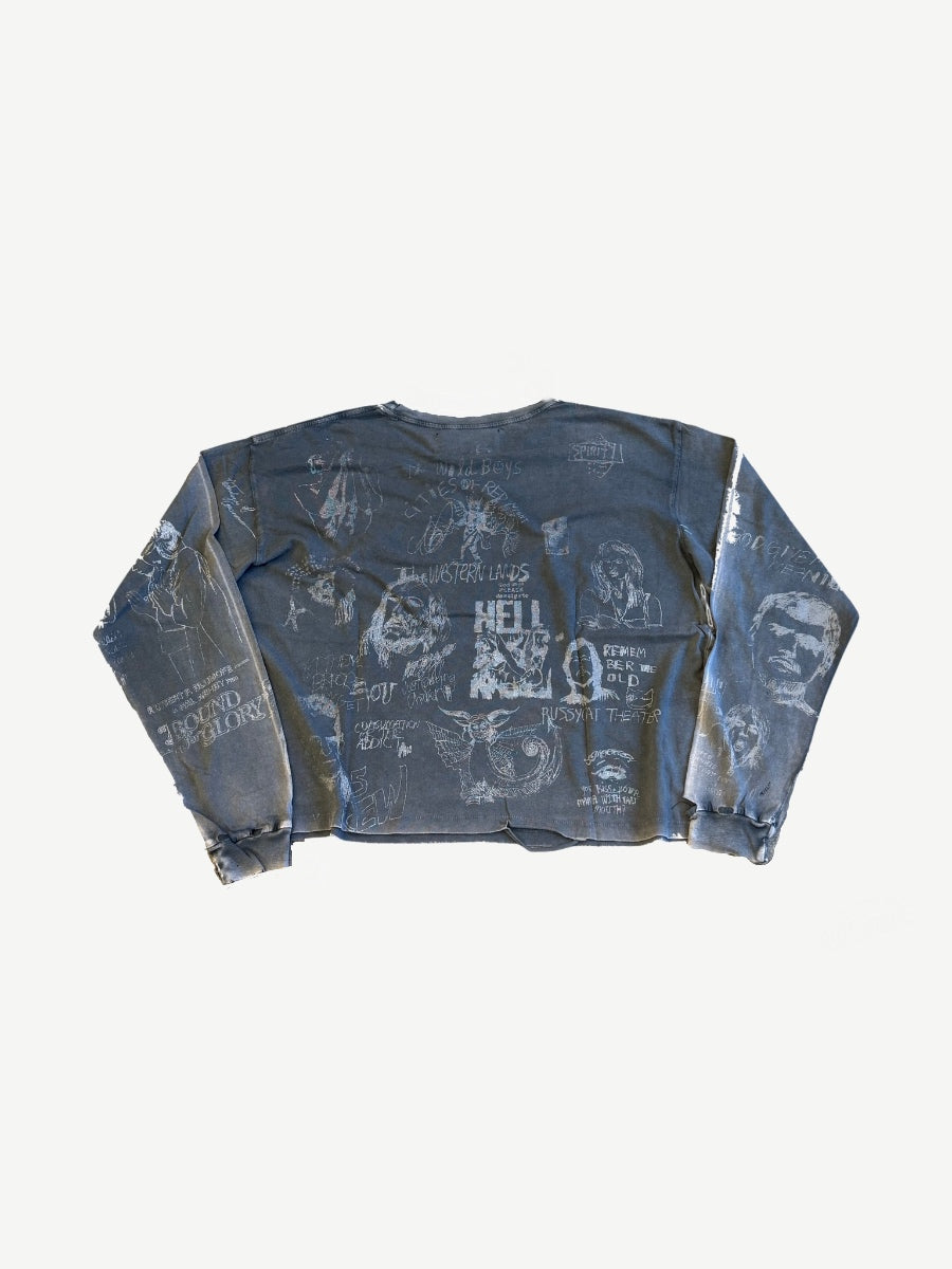 Paly Hollywood gray longsleeve back with Wild Boys, Hell and Bound for Glory faded portrait graphics