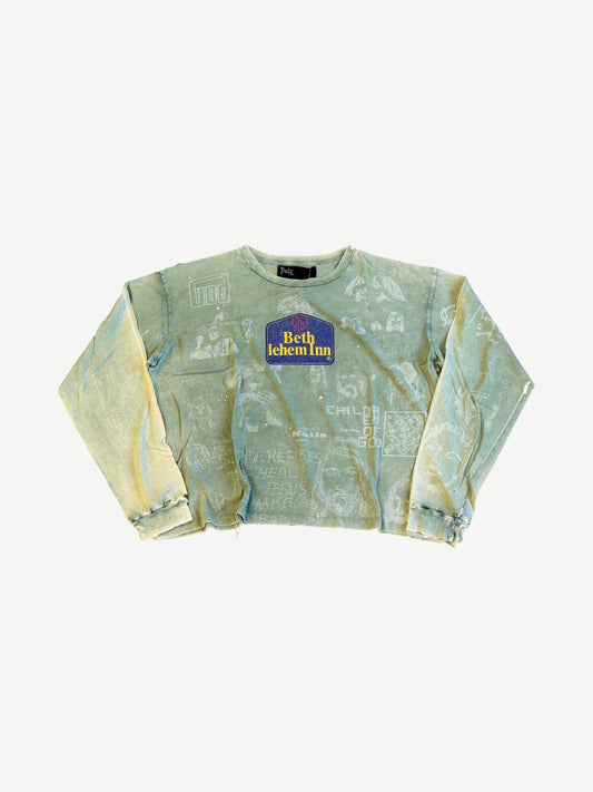Paly Hollywood green sun-faded longsleeve with Bethlehem Inn patch and allover religious collage print.