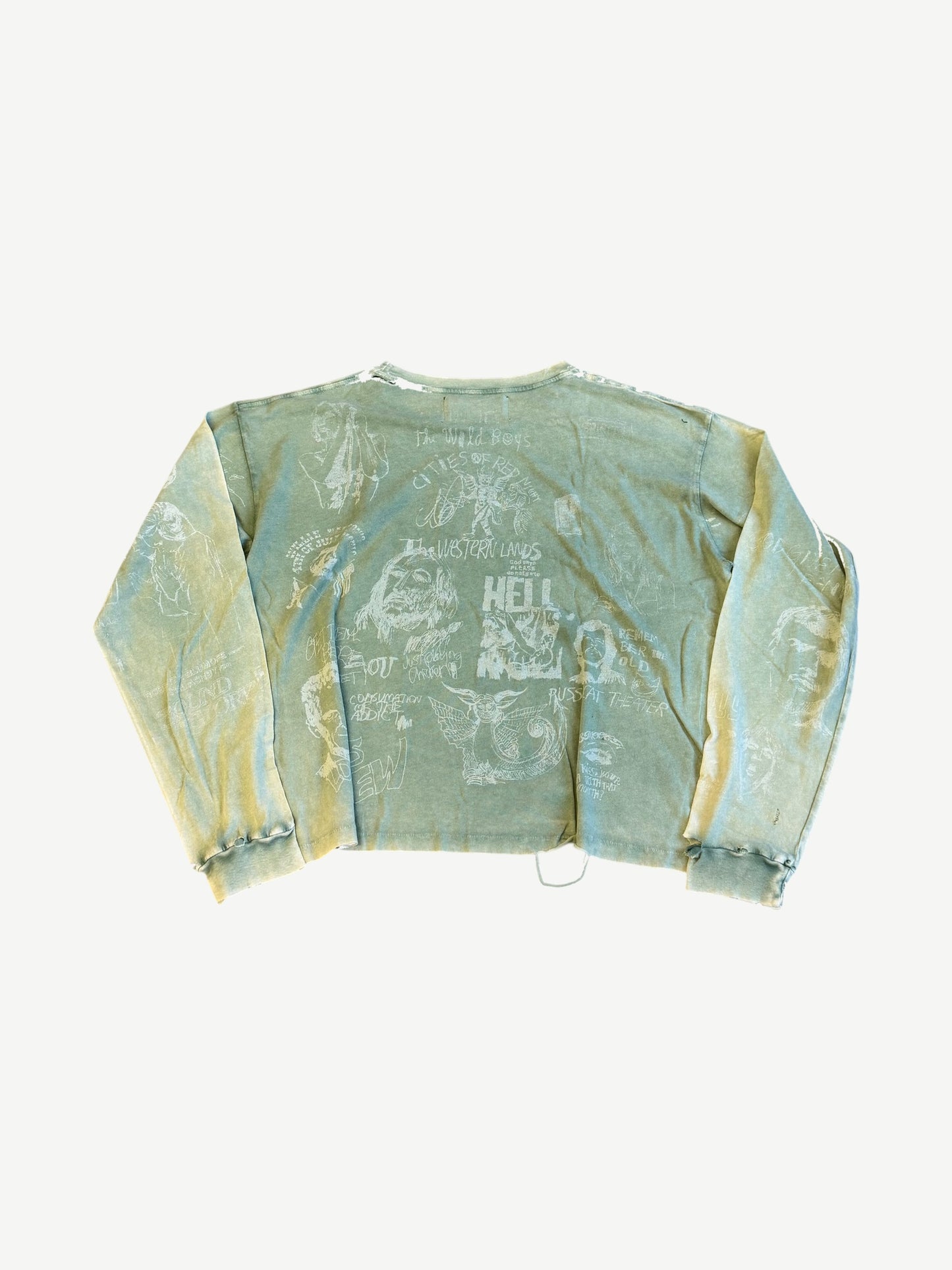 Back of Paly Hollywood green faded longsleeve with Western Union Hell graphic and saint collage prints.