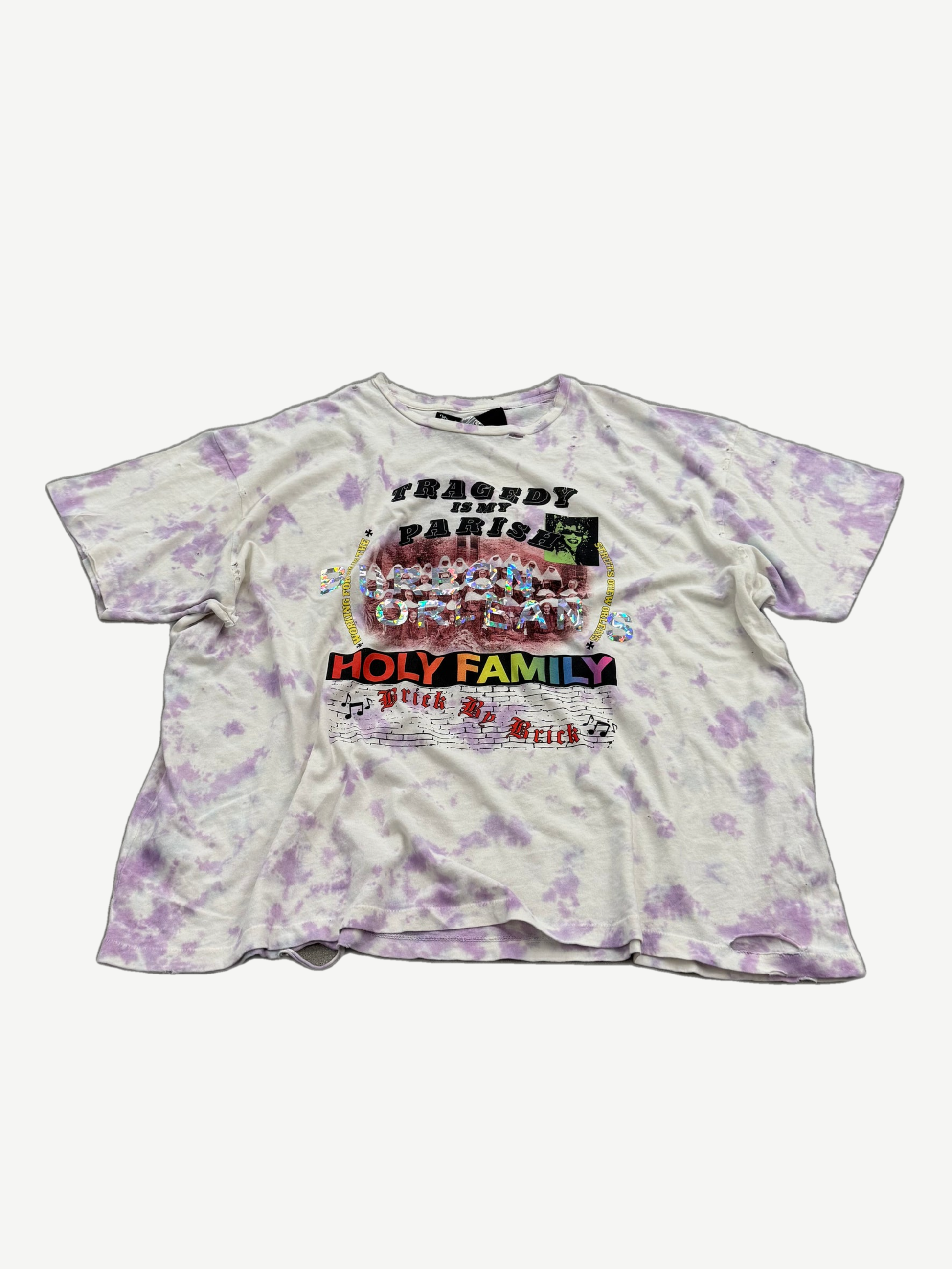 Paly Hollywood Holy Family purple tie dye tee with Tragedy Paradise rainbow Holy Family graphic print