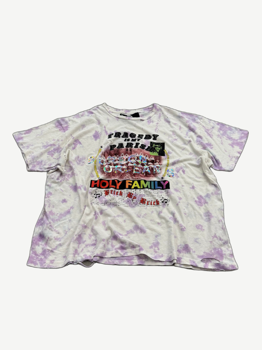 Paly Hollywood Holy Family purple tie dye tee with Tragedy Paradise rainbow Holy Family graphic print