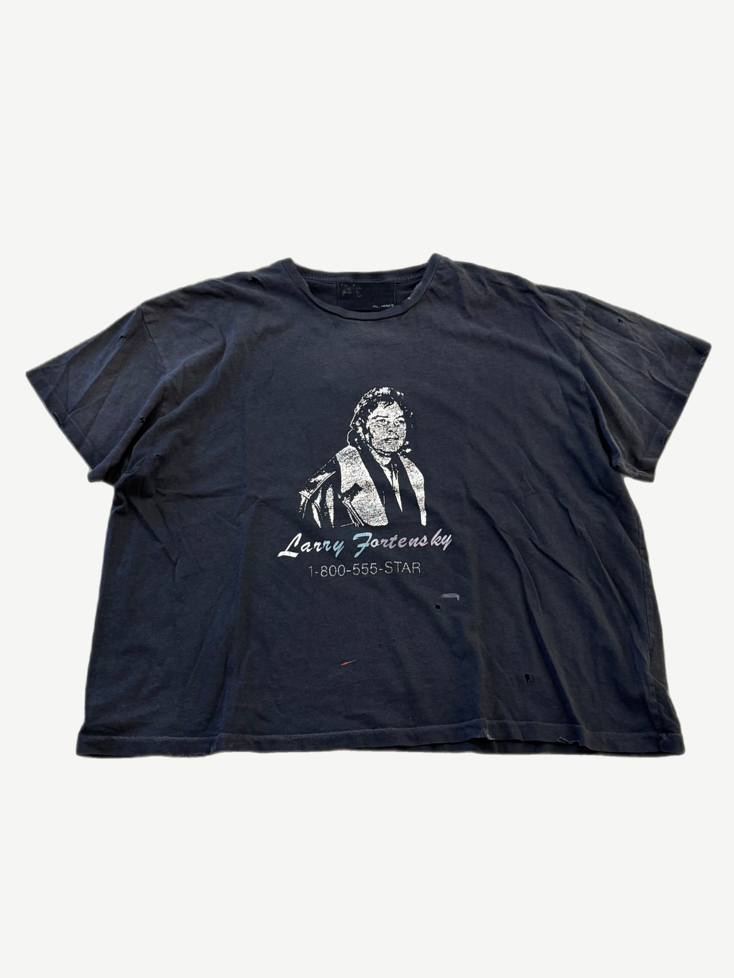 Paly Hollywood faded black Larry Fortensky 4 Life tee with vintage portrait print and 1-800-555-STAR text