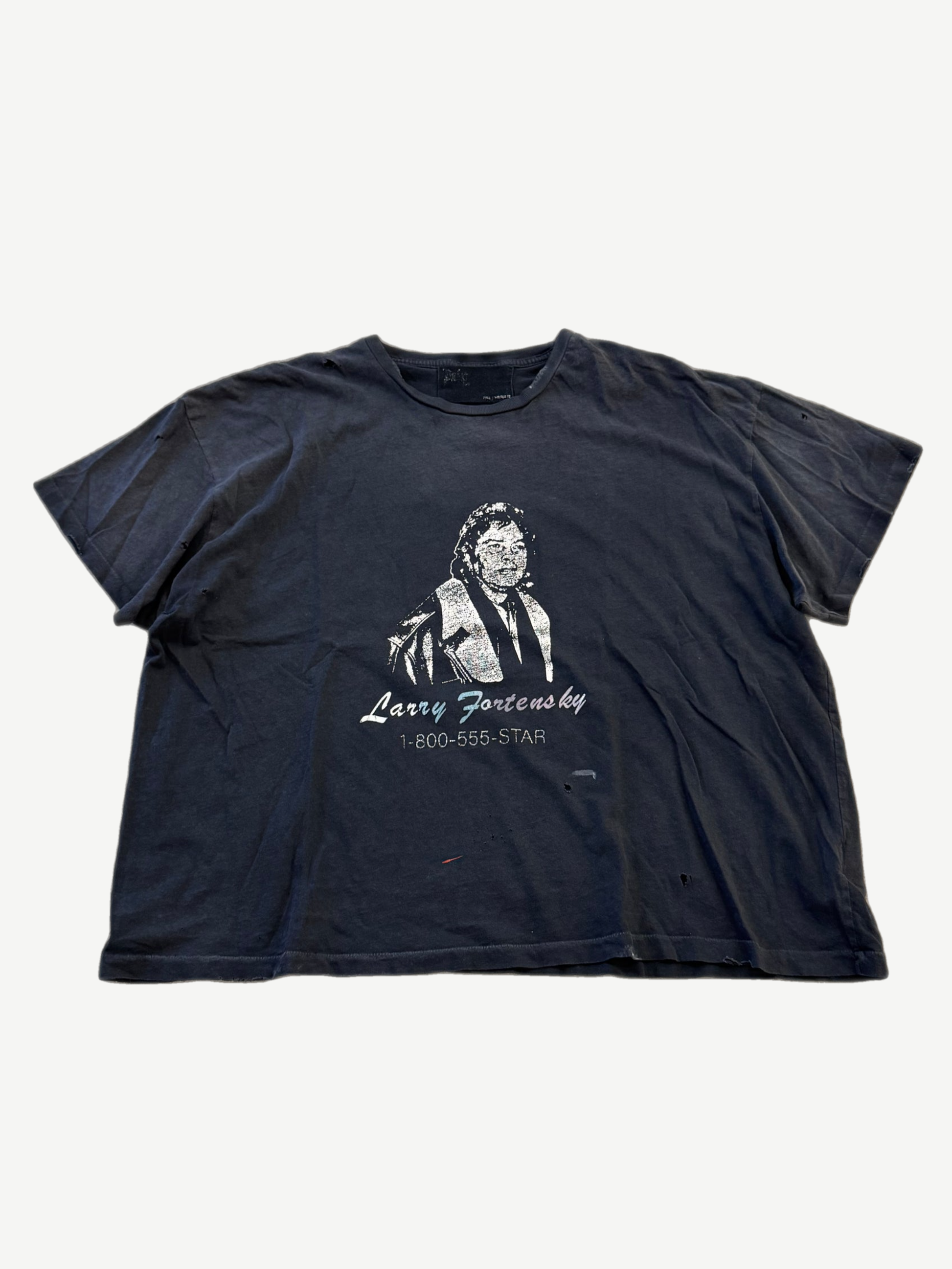 Paly Hollywood faded black Larry Fortensky 4 Life tee with vintage portrait print and 1-800-555-STAR text