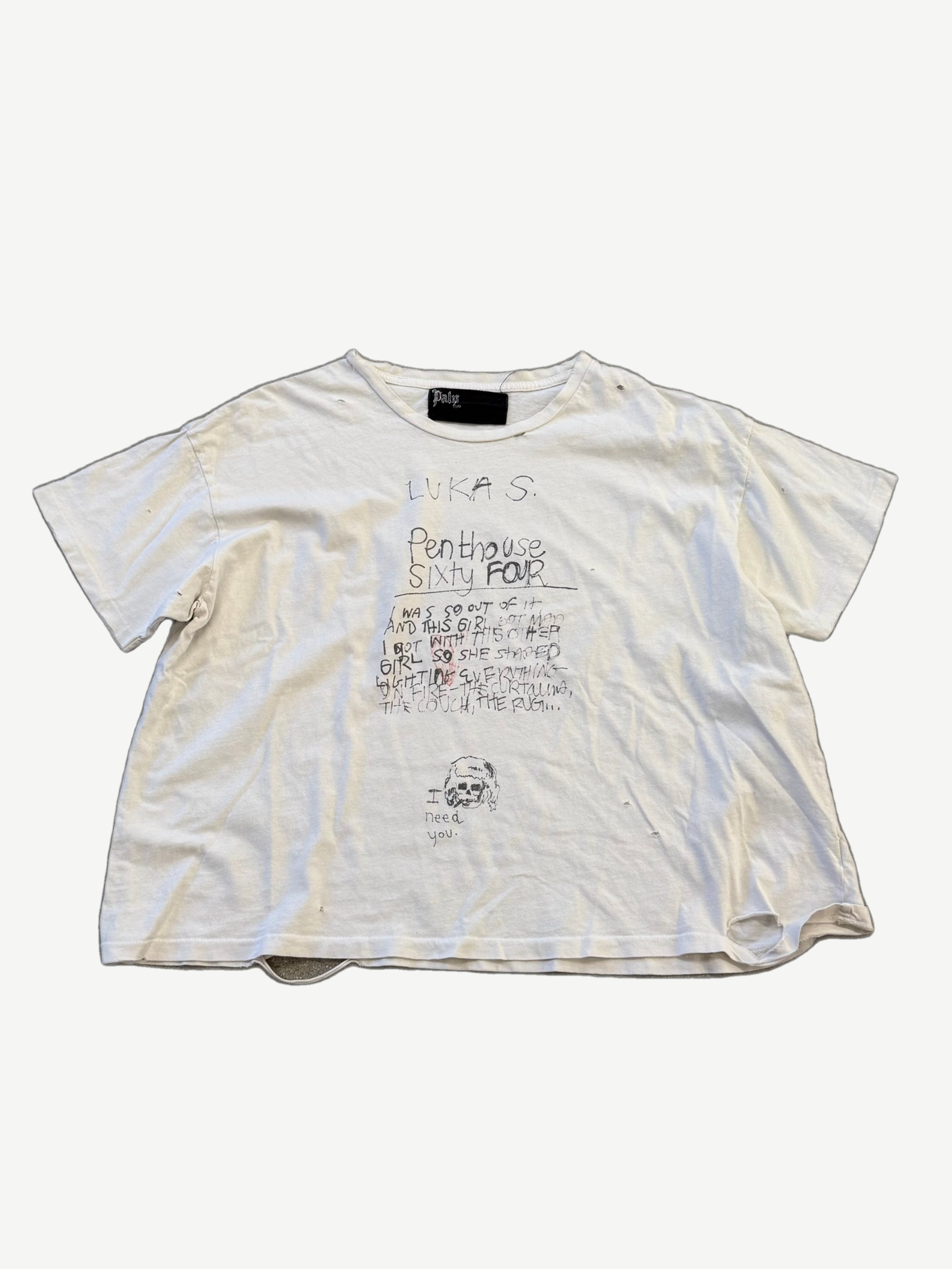 Paly Hollywood Lukas Penthouse cream tee front with handwritten Penthouse Sixty Four note and skull doodle