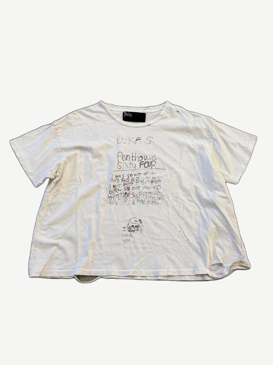 Paly Hollywood Lukas Penthouse cream tee front with handwritten Penthouse Sixty Four note and skull doodle