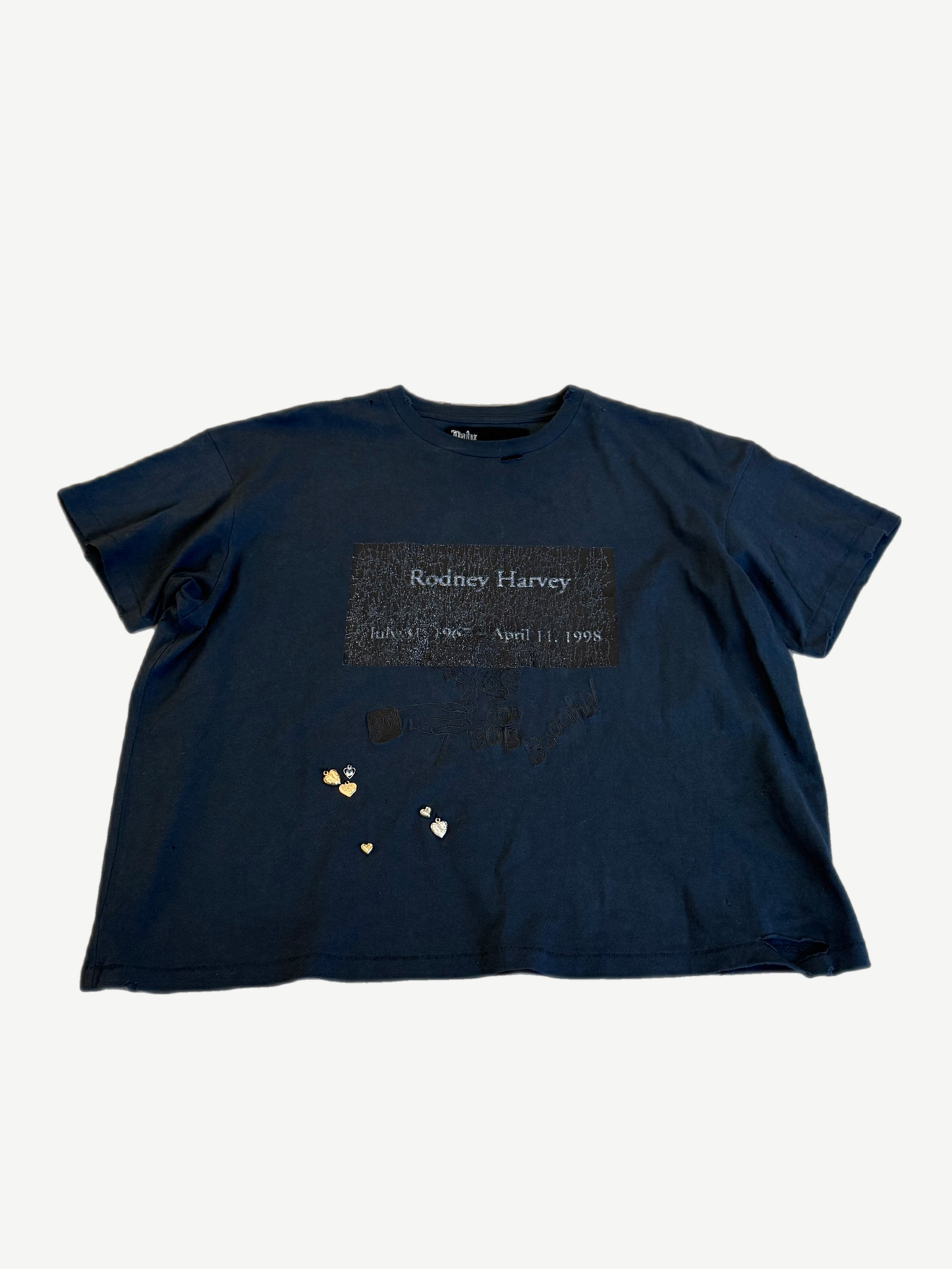 Paly Hollywood navy memorial tee front with Rodney Harvey tombstone print and gold heart accents